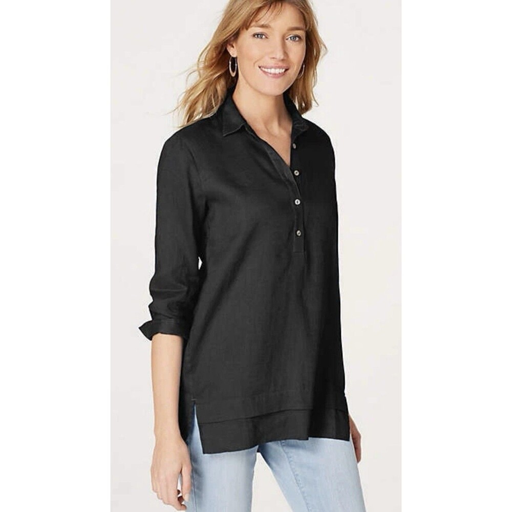 J. Jill Size Small SP Excellent Linen Relaxed Tunic - Black Pullover Henley Top